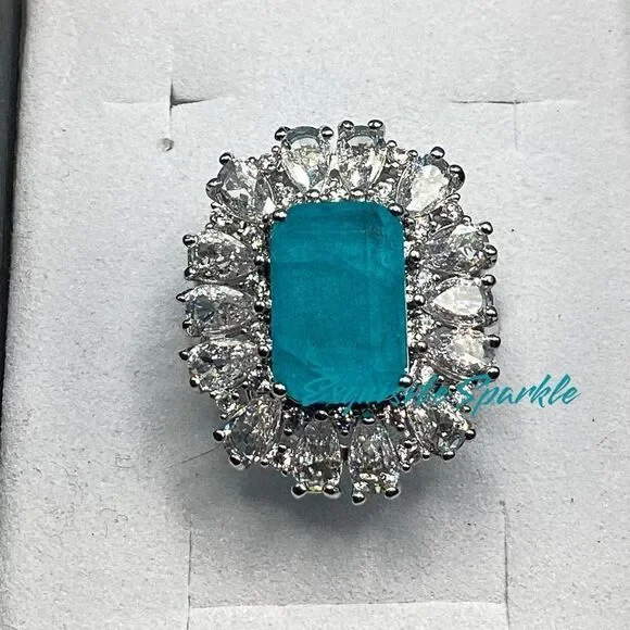 Gorgeous Vintage-Inspired Simulated Paraiba Tourmaline & CZ Halo Statement Ring